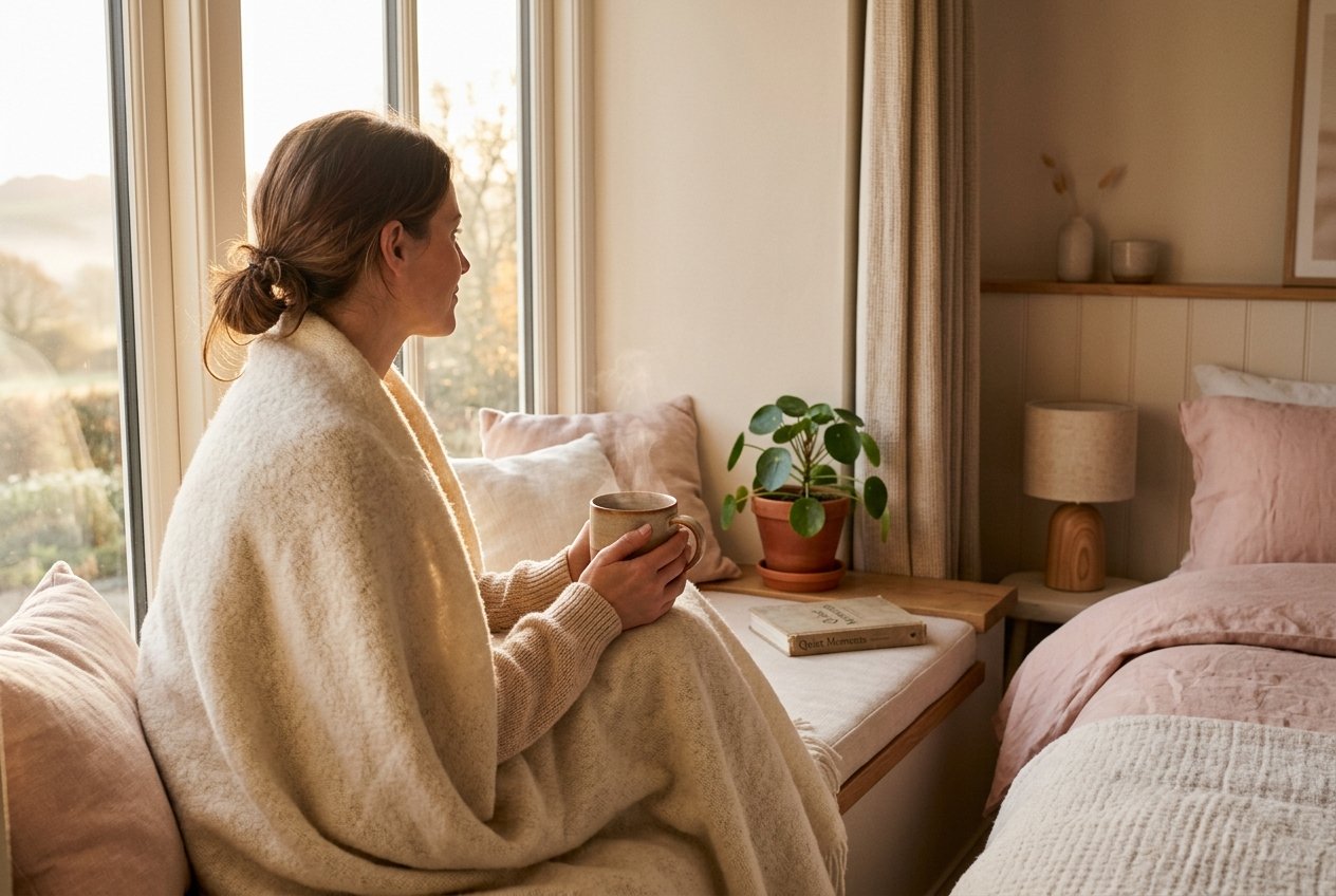 Symbolbild, mit KI erstellt: Frau sitzt entspannt am Fenster im Morgenlicht mit einer Tasse Tee