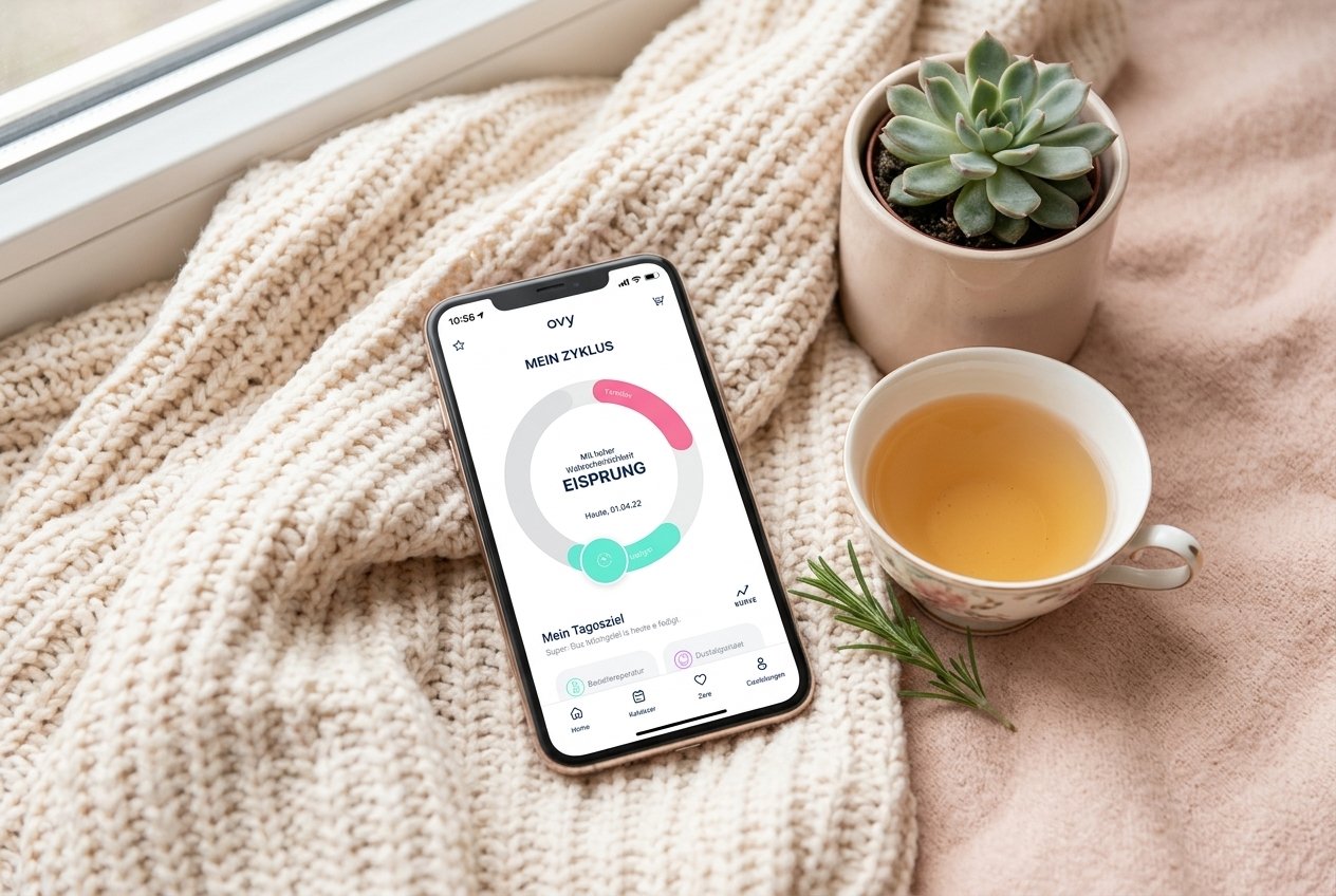Symbolbild, mit KI erstellt: Smartphone mit Ovy App Zykluskurve neben einer Tasse Tee