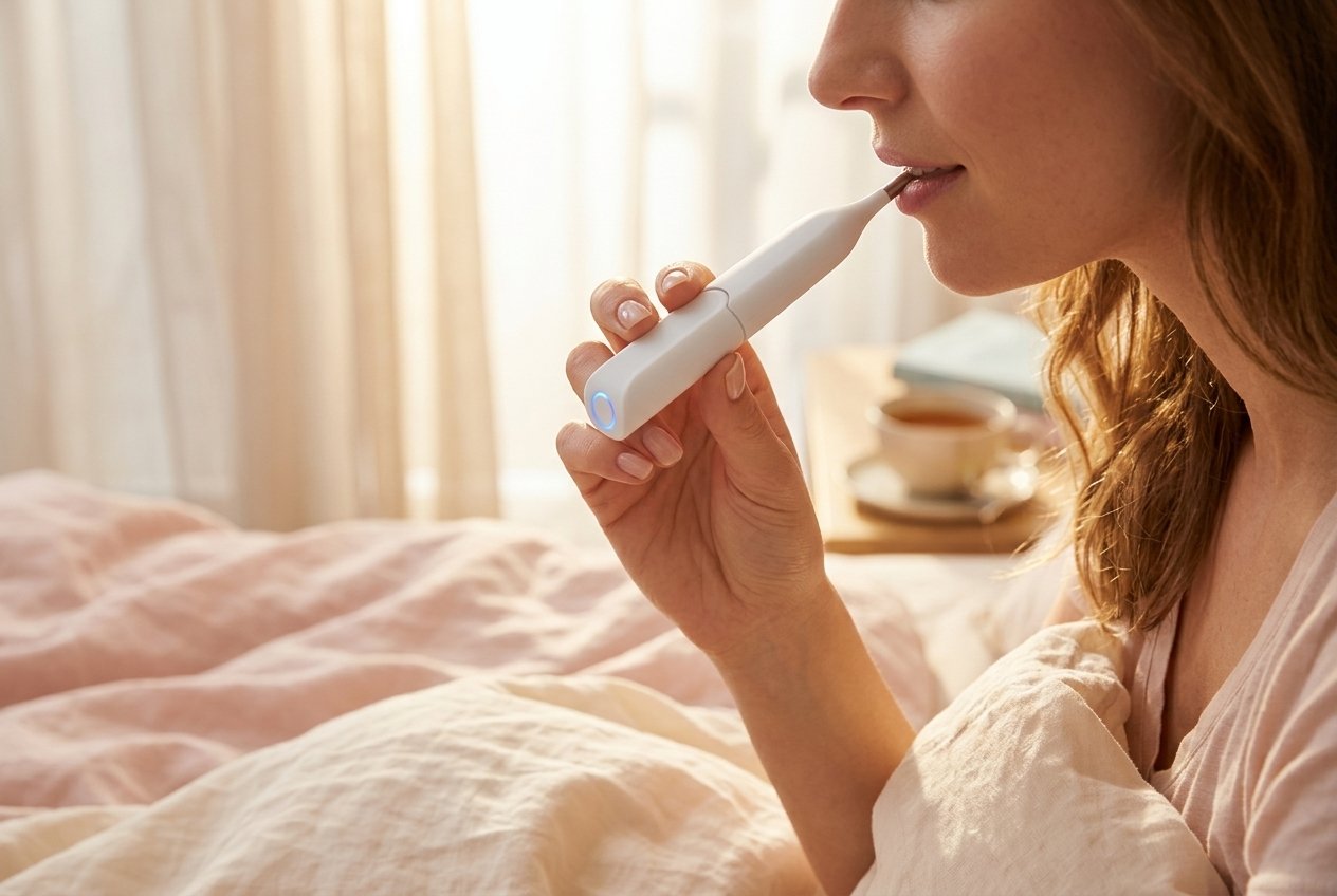 Symbolbild, mit KI erstellt: Frau misst morgens im Bett ihre Temperatur mit dem Ovy Basalthermometer