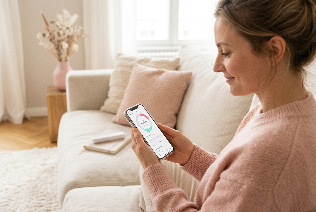 Symbolbild, mit KI erstellt: Frau schaut lächelnd auf die Ovy App auf ihrem Smartphone