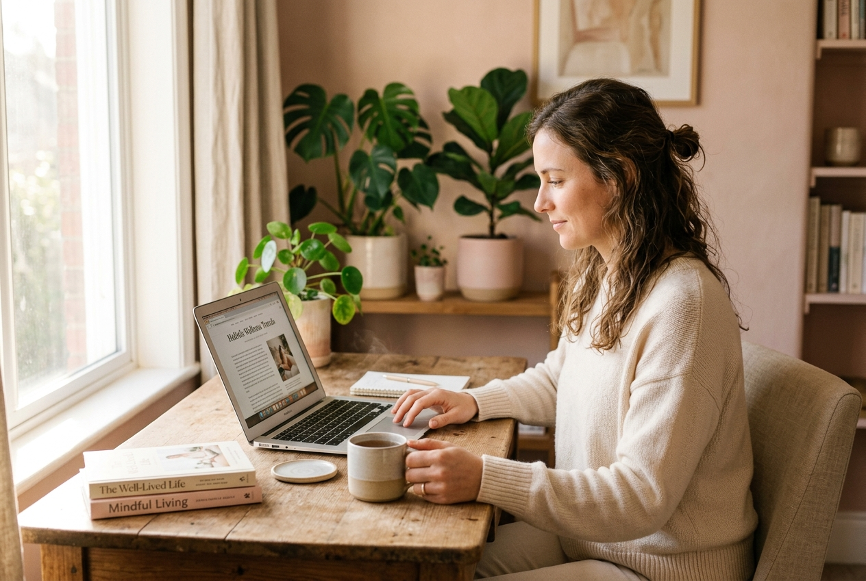 Symbolbild, mit KI erstellt: Frau recherchiert entspannt am Laptop mit einer Tasse Tee