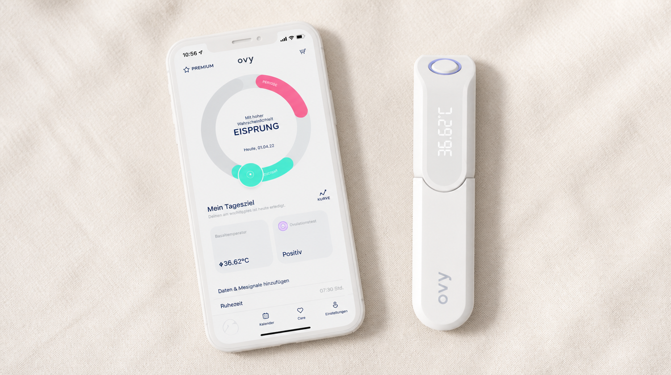 Ovy App mit Kinderwunsch-Screen und Ovy Bluetooth Basalthermometer im Flatlay