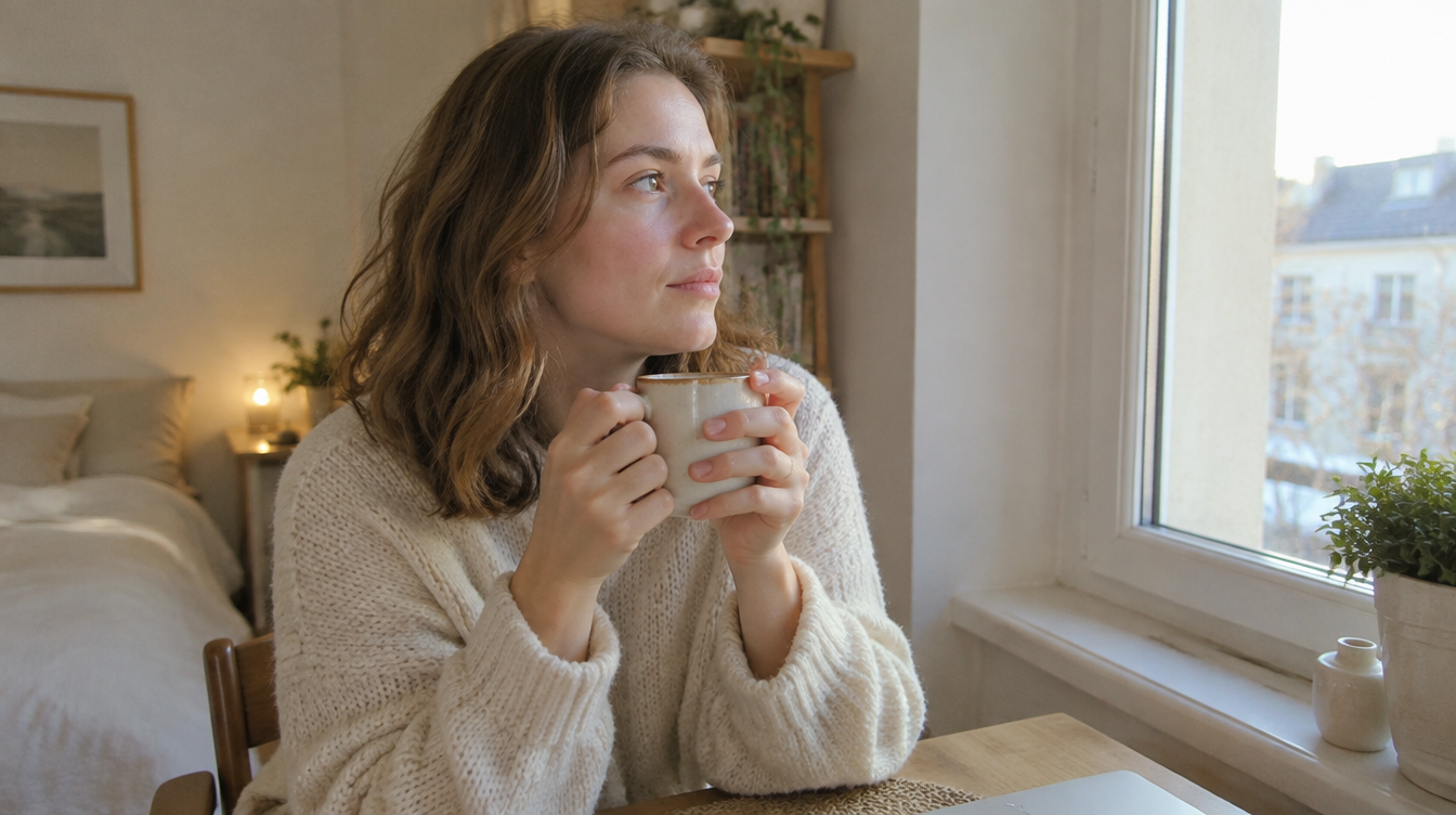 Frau sitzt morgens am Fenster mit einem Kaffee